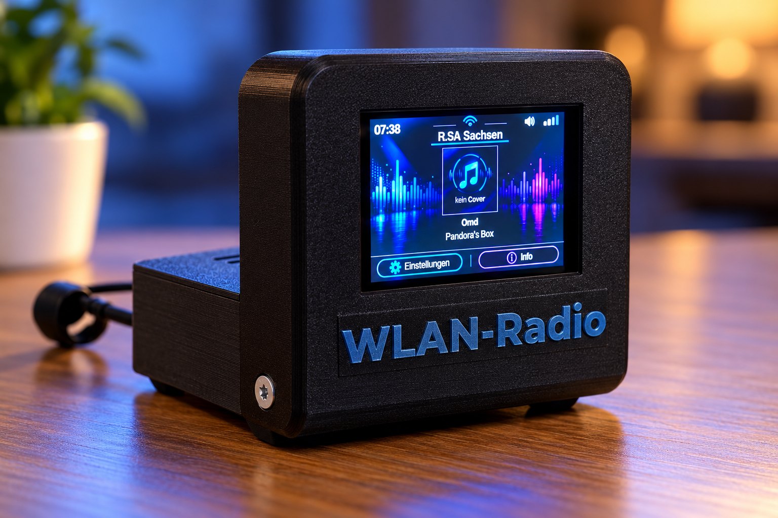 Das fertige Bad-Radio im schwarzen 3D-gedruckten Gehäuse mit Touch-Display (mit KI erstelltes Bild)