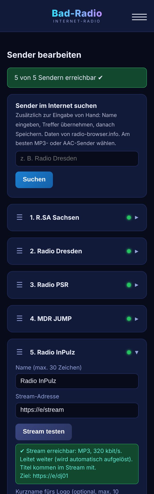 Sender bearbeiten mit Prüfergebnis