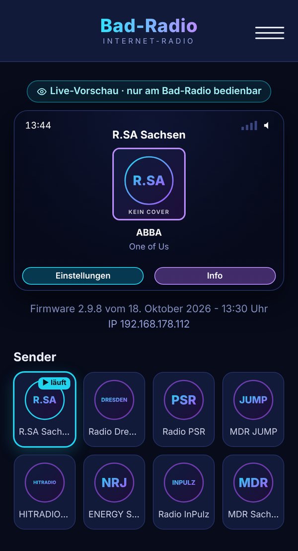 Startseite mit Live-Vorschau und Senderkacheln